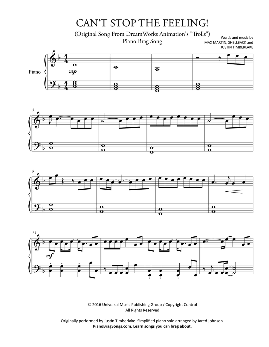 Can't Stop The Feeling from TROLLS Piano Solo scores gallery preview page 1