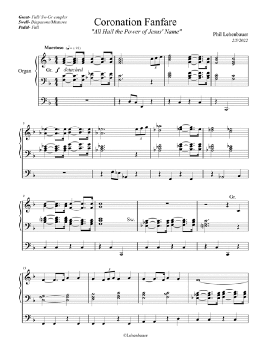 Coronation Fanfare (All Hail the Power of Jesus' Name), organ work by Phil Lehenbauer Organ Solo scores gallery preview page 2