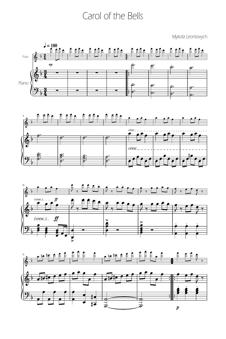 Carol of The Bells - Flute Solo w/ Piano Flute Solo scores gallery preview page 1