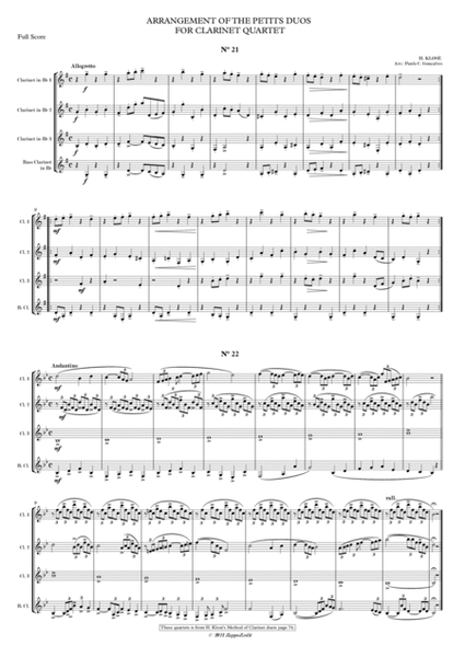 ARRANGEMENT OF THE PETITS DUOS FOR CLARINET QUARTET Nº 21 & 22 image number null