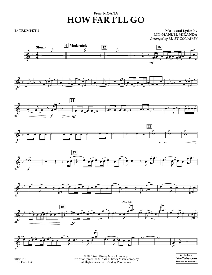 How Far I'll Go (from Moana) - Bb Trumpet 1 Concert Band scores gallery preview page 1