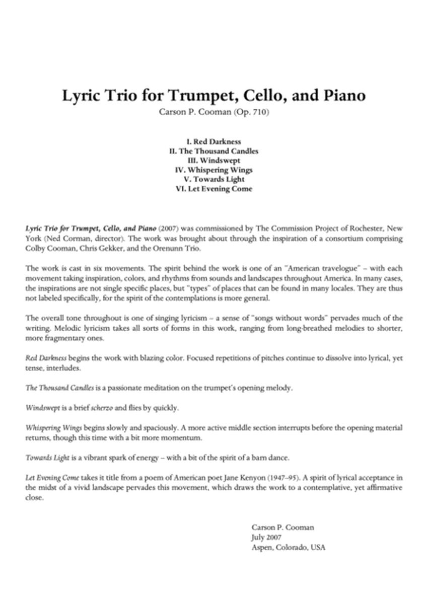 Carson Cooman: Lyric Trio for trumpet, violoncello and piano