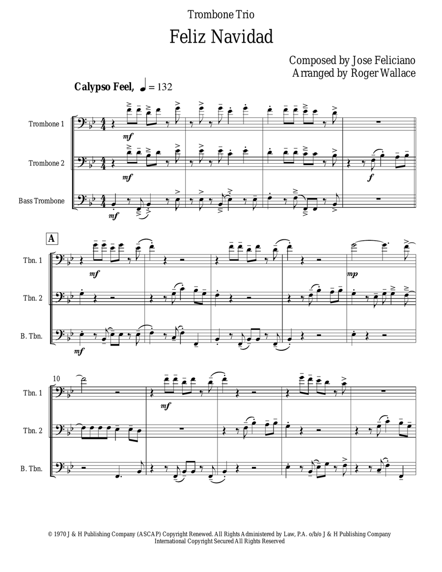 Feliz Navidad Trombone Trio scores gallery preview page 1