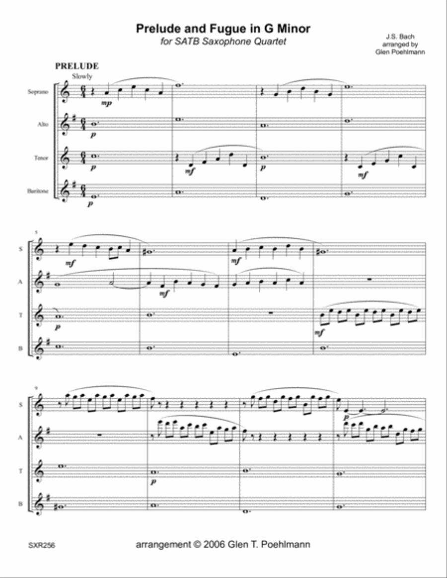 PRELUDE & FUGUE IN G MINOR - SATB SAX QUARTET (based on Organ solo by J.S. Bach) PRELUDE & FUGUE IN G MINOR - SATB SAX QUARTET (based on Organ solo by J.S. Bach) Woodwind Quartet scores gallery preview page 1