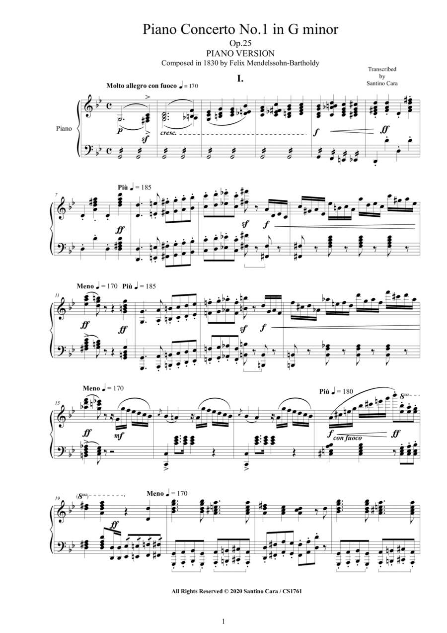 Mendelssohn - Piano Concerto No.1 in G minor Op.25 - Complete Piano Version Piano Solo scores gallery preview page 1