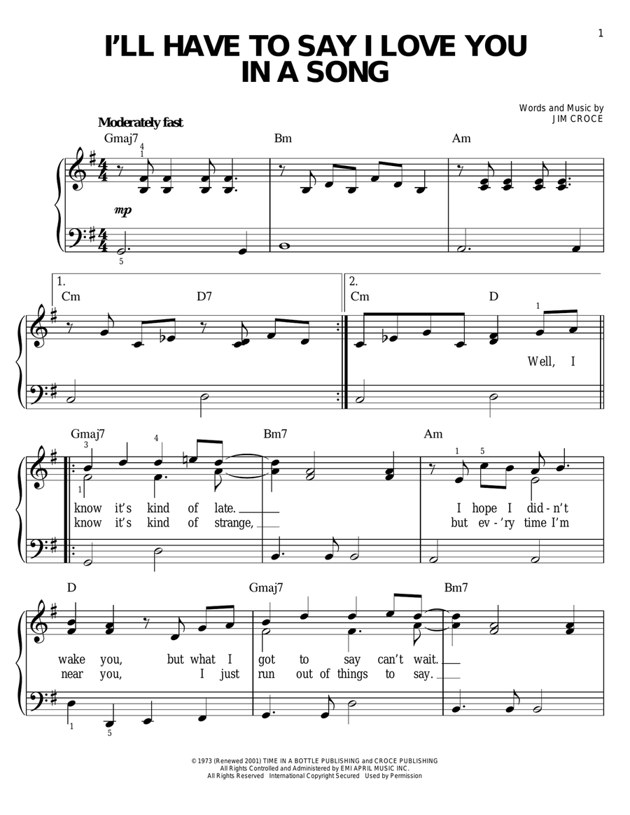 I'll Have To Say I Love You In A Song Easy Piano scores gallery preview page 1
