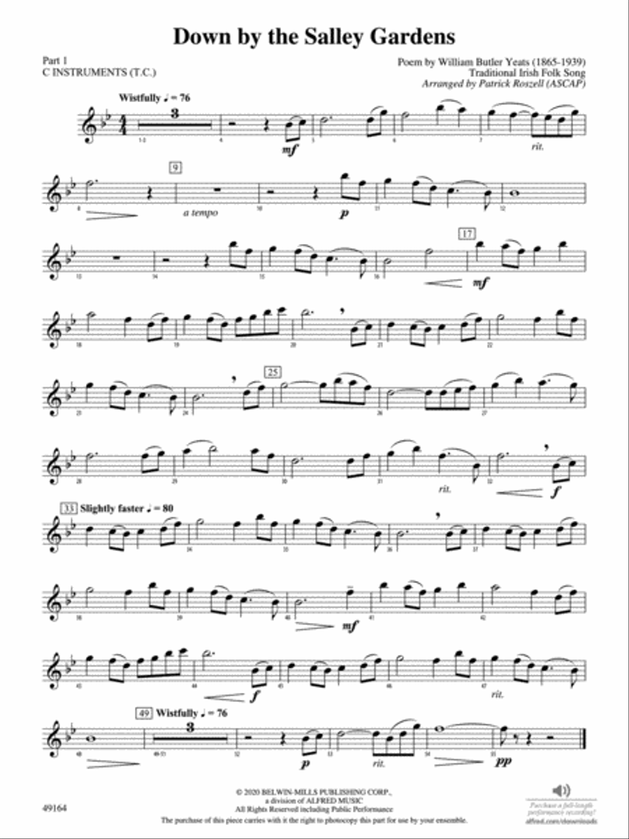 Down by the Salley Gardens: Part 1 - C Instruments (T.C.) Concert Band scores gallery preview page 1