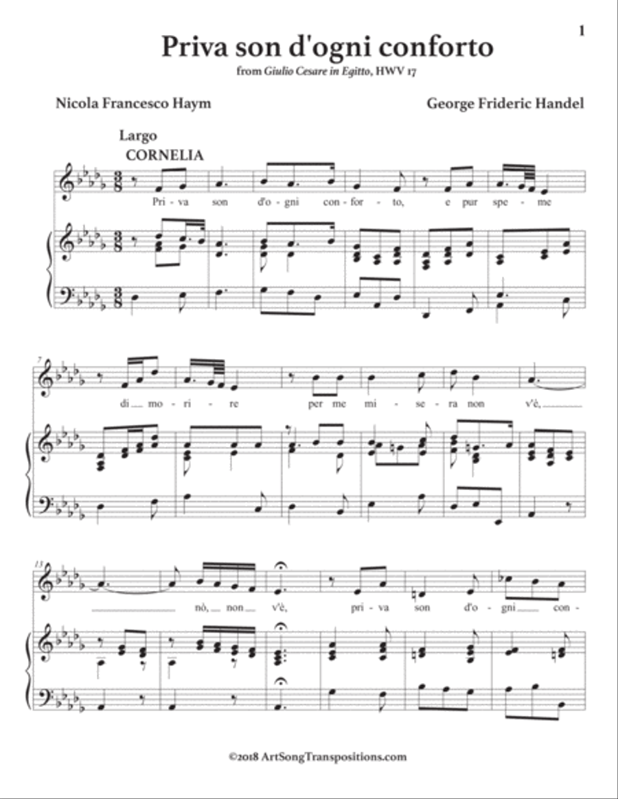 HANDEL: Priva son d'ogni conforto (transposed to D-flat major) Voice scores gallery preview page 2