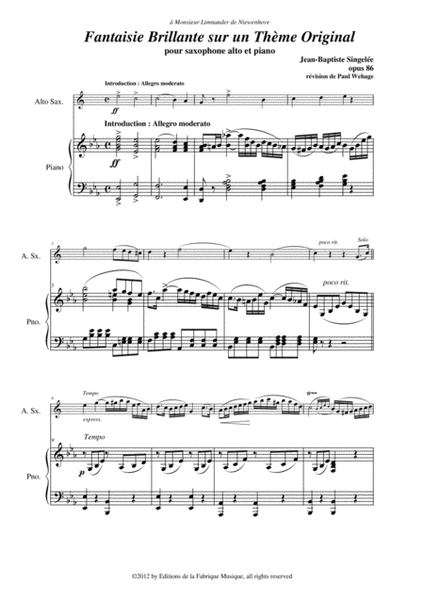 Jean-Baptiste Singelée: Fantaisie Brillante sur un Thème Original, Opus 86 pour saxophone alto et pi