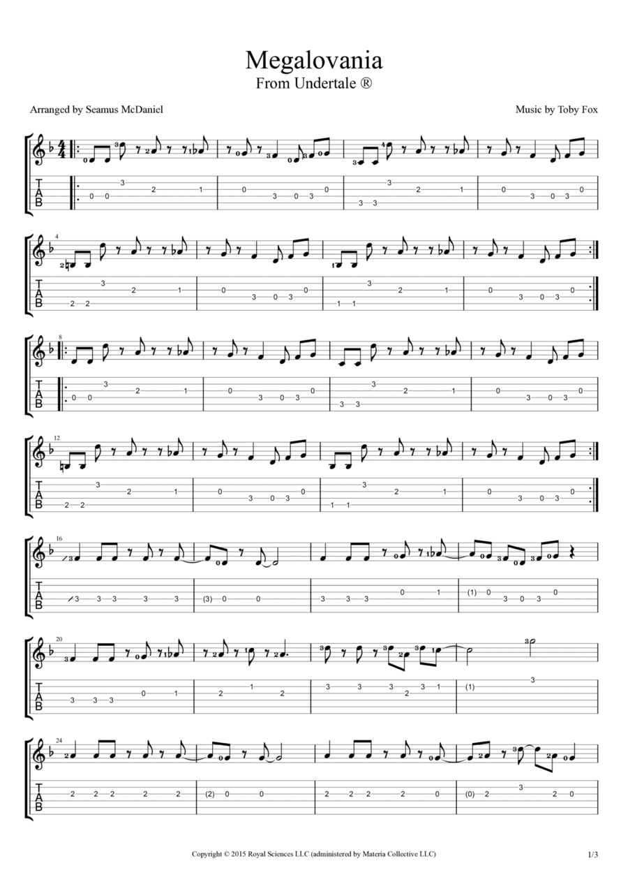 Megalovania Guitar Tablature scores gallery preview page 1