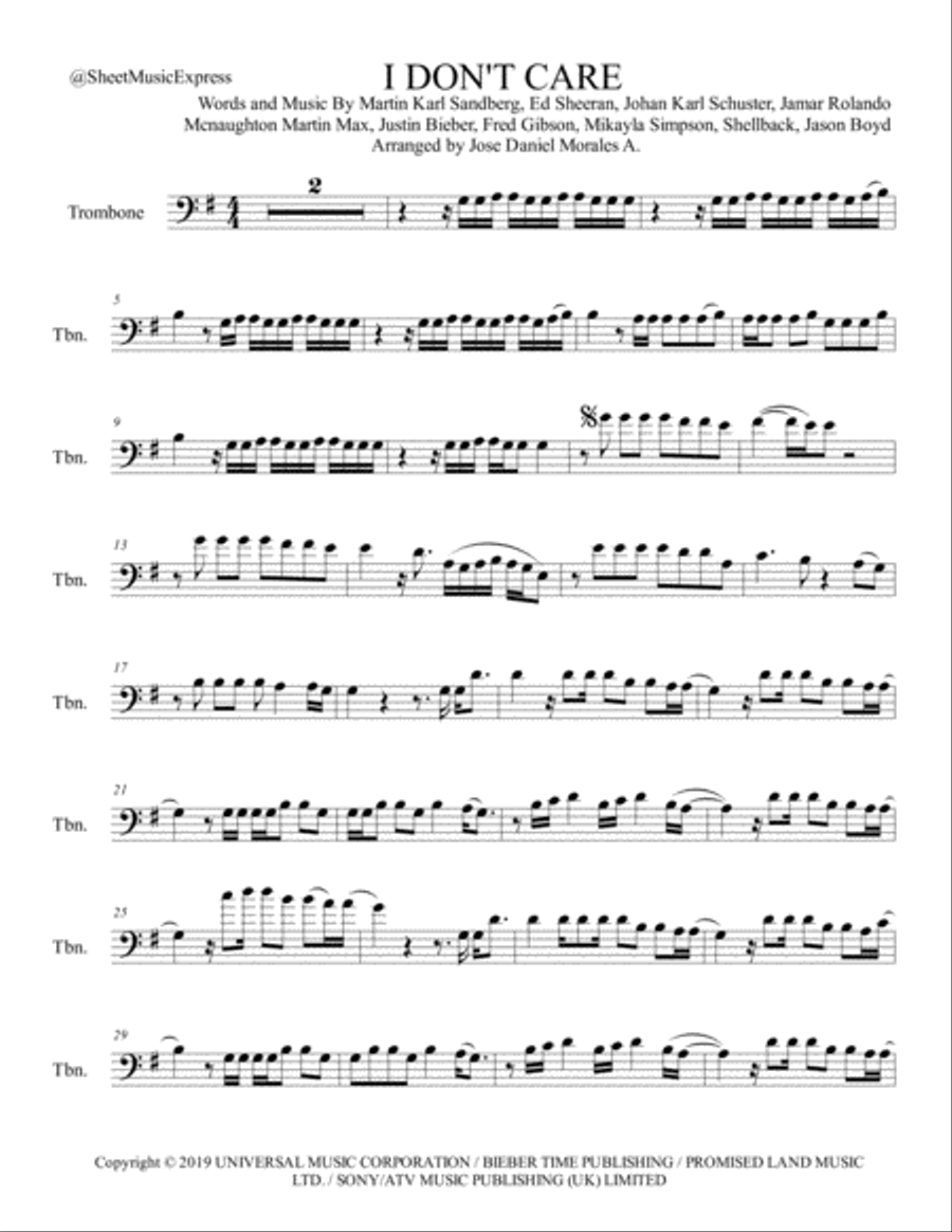 I Don't Care Trombone Solo scores gallery preview page 1