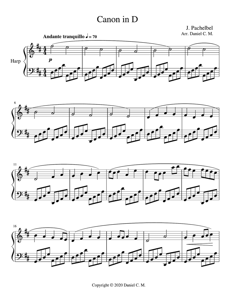 Canon in D for harp (romantic style) Harp scores gallery preview page 1