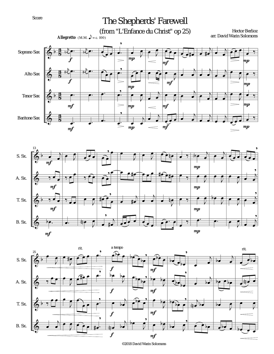 The Shepherds' Farewell for saxophone quartet Saxophone Quartet scores gallery preview page 1