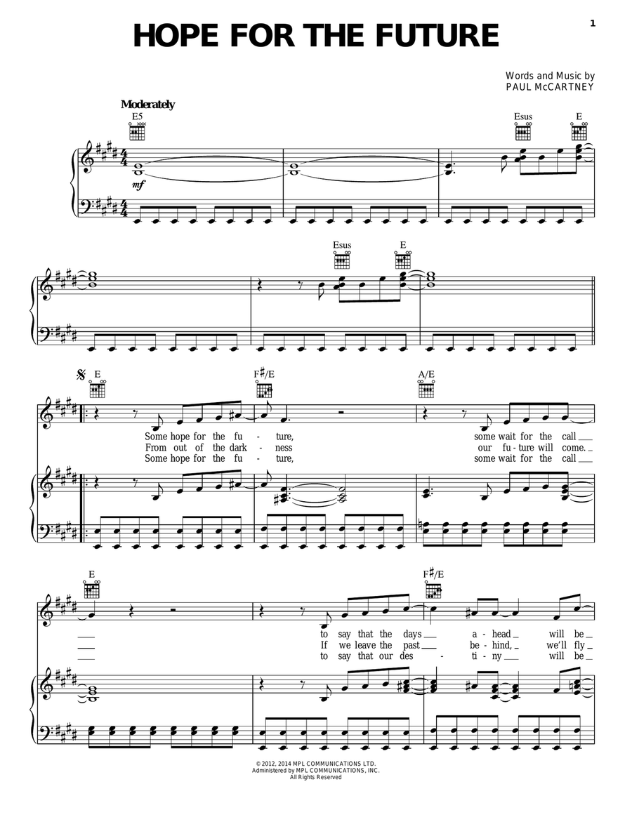Hope For The Future Piano, Vocal, Guitar scores gallery preview page 1