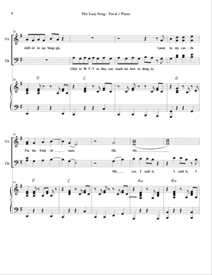 The Lazy Song 4-Part scores gallery preview page 4