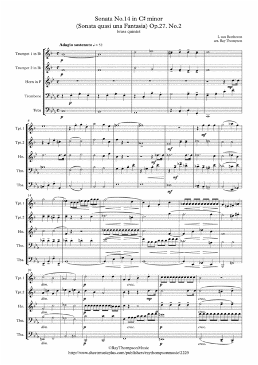 Beethoven: Piano Sonata No.14 in C# min. (quasi una Fantasia)(Moonlight) Op.27. No.2 - brass quintet Brass Quintet scores gallery preview page 1