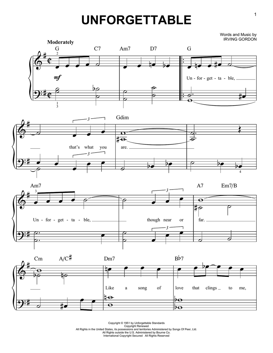Unforgettable Easy Piano scores gallery preview page 1
