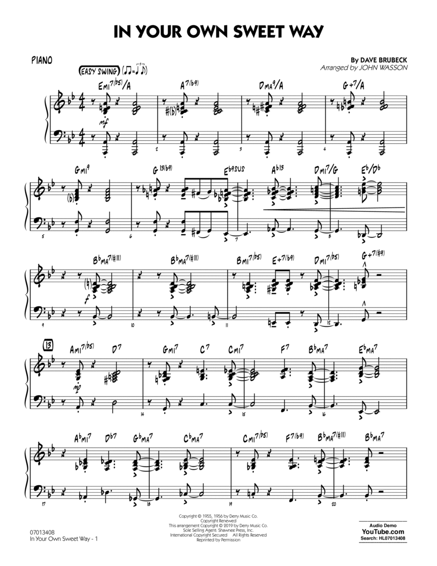In Your Own Sweet Way (arr. John Wasson) - Piano Jazz Ensemble scores gallery preview page 1