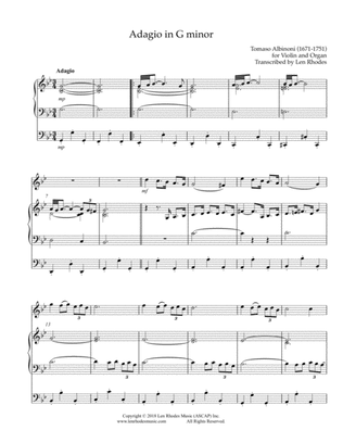 Book cover for Albinoni - Adagio in G minor, transcribed for violin and organ