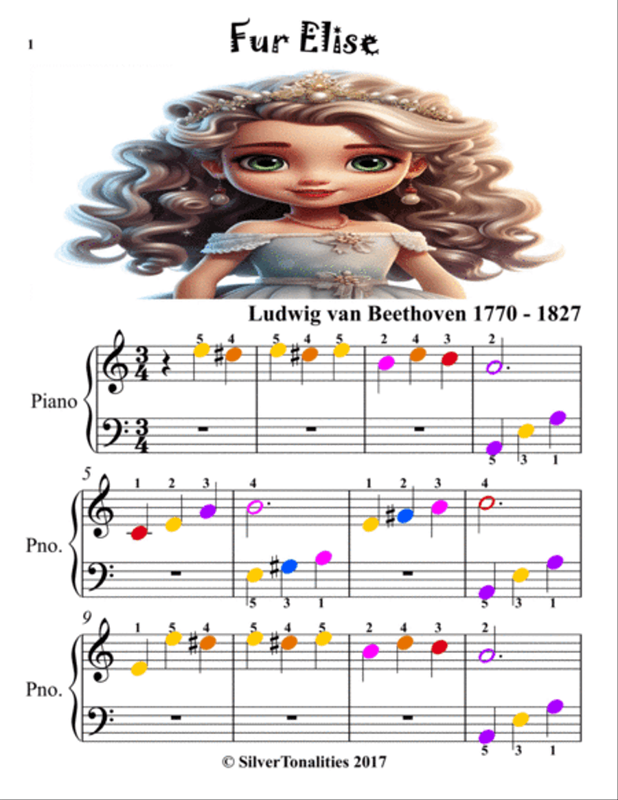 Fur Elise Easy Simplified Piano Sheet Music with Colored Notation Piano Method scores gallery preview page 2