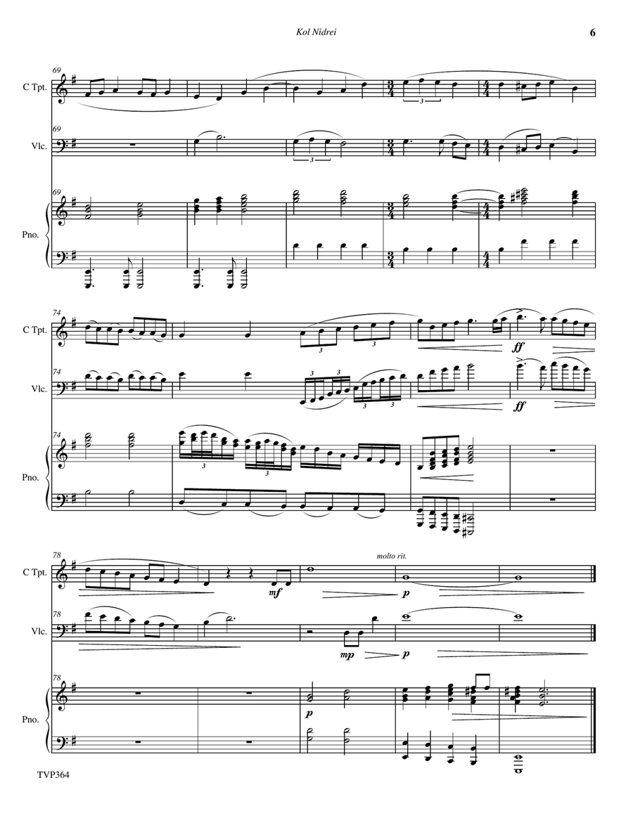 KOL NIDREI (Kol Nidre) - C or Bb Trumpet & Cello with Piano Accompaniment (Grade 4-) Trumpet Duet scores gallery preview page 6
