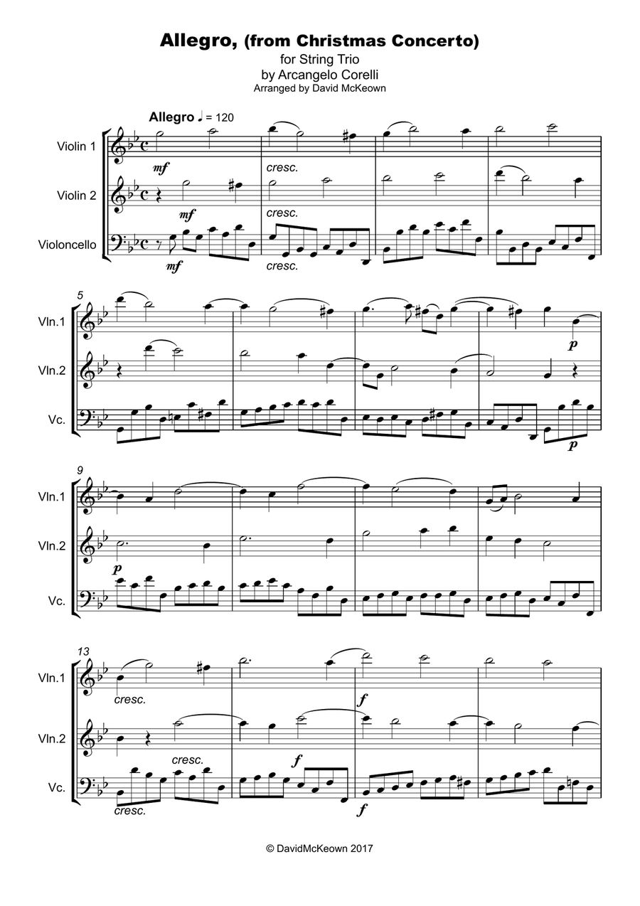 Christmas Concerto, Allegro, by Corelli; for String Trio, two Violins and one Cello String Trio scores gallery preview page 2
