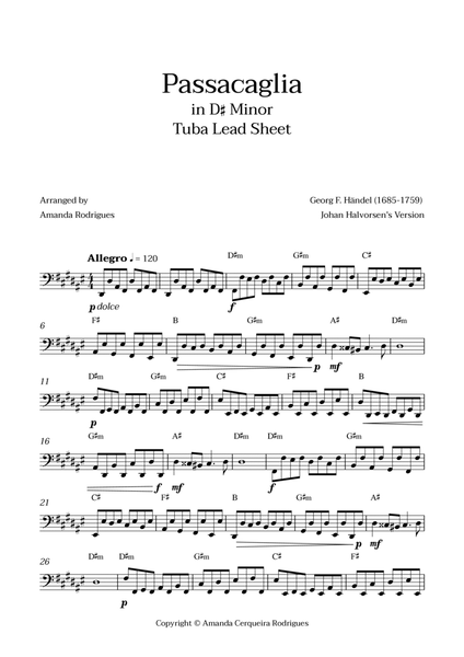 Passacaglia - Easy Tuba Lead Sheet in D#m Minor (Johan Halvorsen's Version) image number null