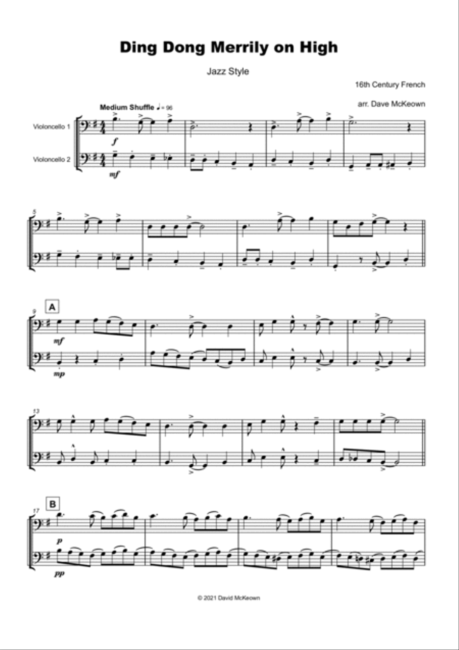 Ding Dong Merrily on High, Jazz Style, for Cello Duet String Duet scores gallery preview page 2