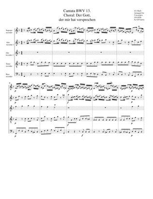 Choral: Der Gott, der mir hat versprochen from Cantata BWV 13 (arrangement for 5 recorders)
