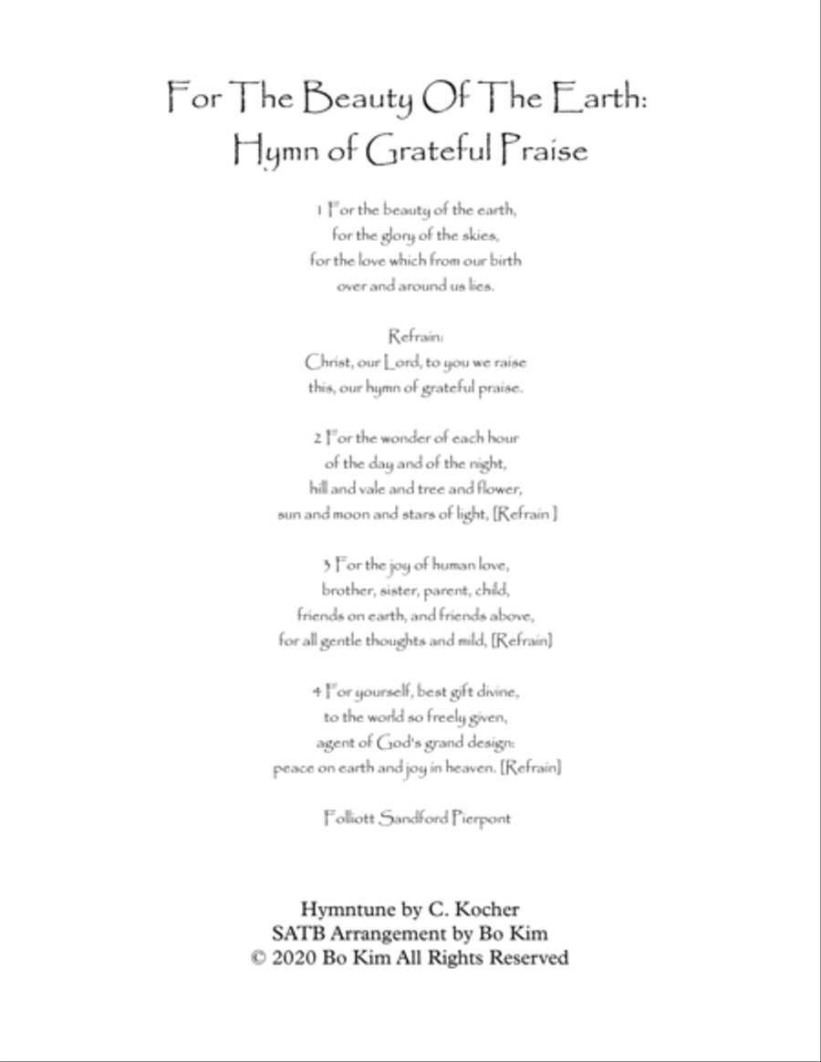 For The Beauty Of The Earth (Hymn of Grateful Praise) 4-Part scores gallery preview page 1