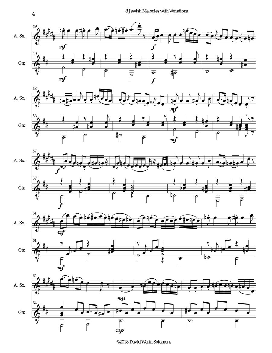 8 Jewish Melodies with Variations for alto saxophone and guitar Alto Saxophone scores gallery preview page 4