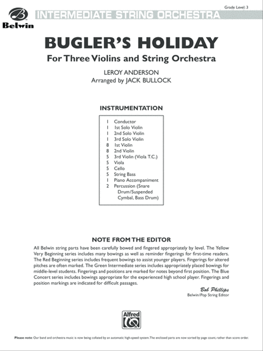 Bugler's Holiday for Three Violins and String Orchestra: Score String Orchestra scores gallery preview page 1