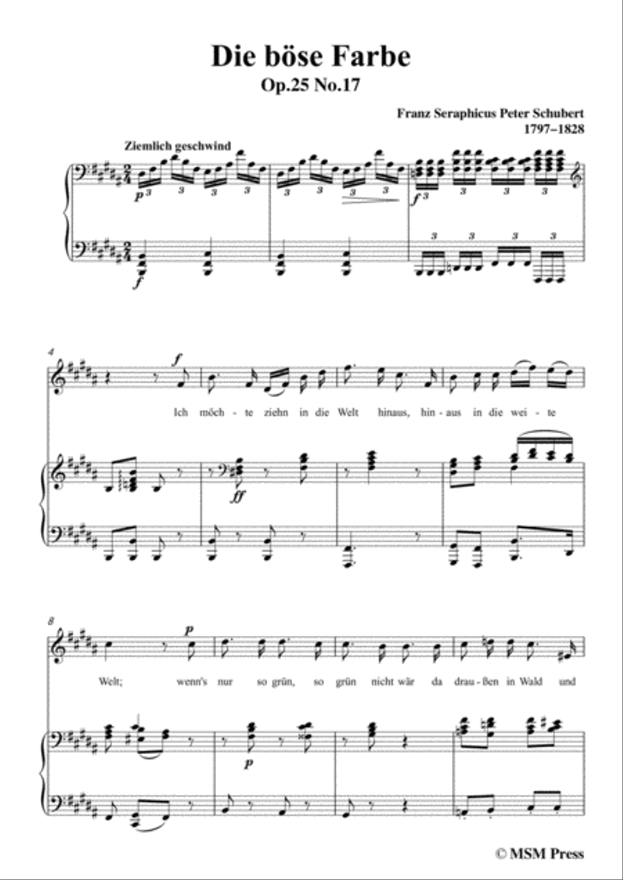Schubert-Die böse Farbe,from 'Die Schöne Müllerin',Op.25 No.17,in B Major,for Voice&Piano Voice scores gallery preview page 3