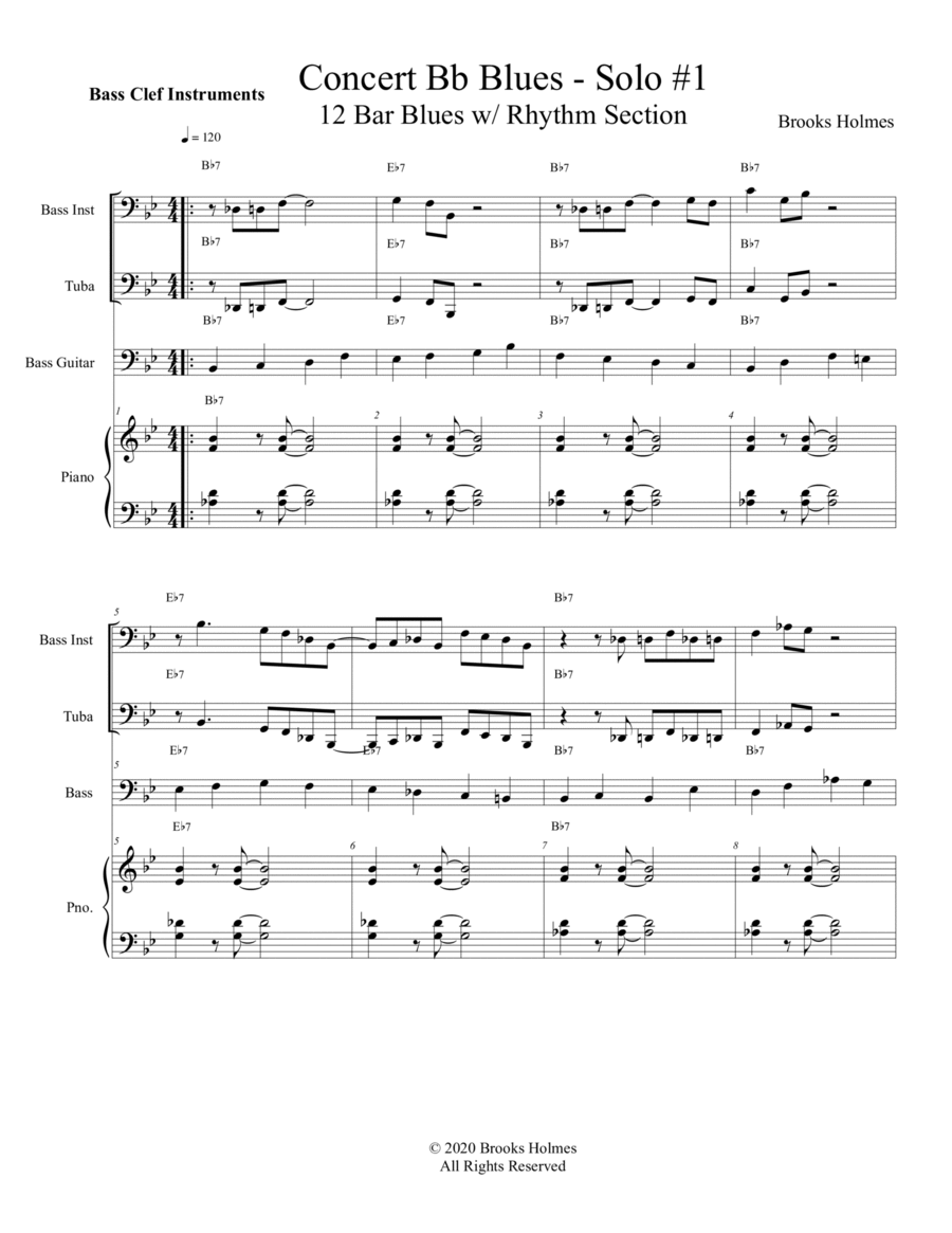 Concert Bb Blues Solo #1 - 12 Bar Blues w/ Rhythm Section - Bass Clef Instruments C Instrument scores gallery preview page 1