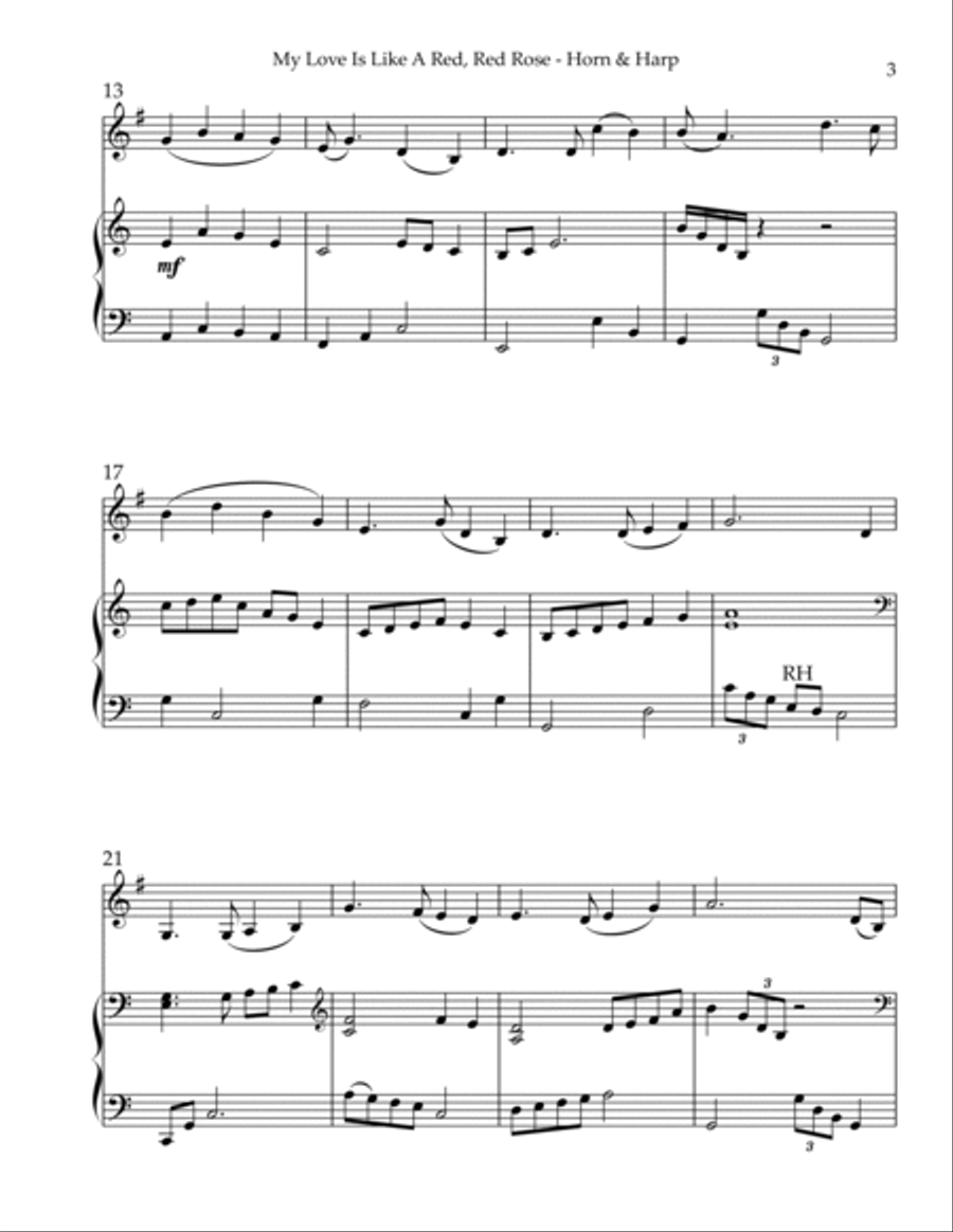 My Love Is Like A Red, Red Rose, Duet for Horn in F & Harp Harp scores gallery preview page 3