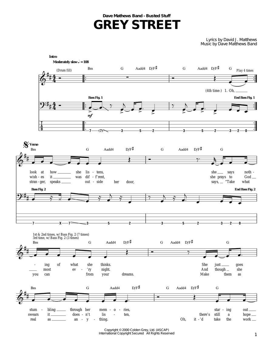 Grey Street Bass Guitar Tablature scores gallery preview page 1