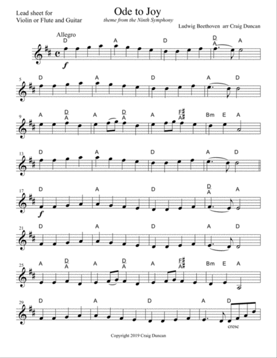 Ode to Joy Lead sheet Violin or Flute and Guitar