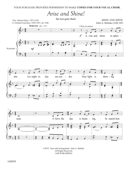 ARISE AND SHINE! by John A. Behnke Choir - Digital Sheet Music