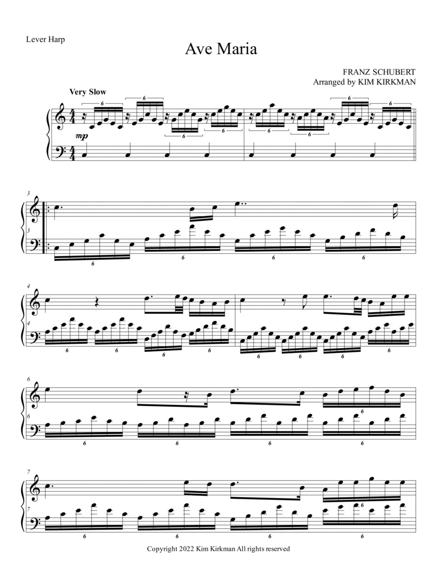 Ave Maria - Schubert - for lever harp - no levers required Celtic Harp scores gallery preview page 1
