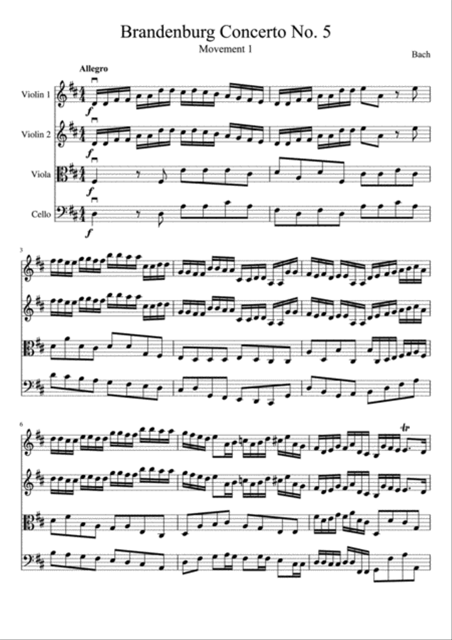 Brandenburg Concerto No. 5, Movement 1 String Quartet scores gallery preview page 2