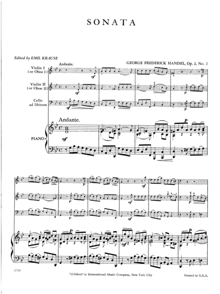 Sonata In G Minor, Opus 2, No. 2 For Two Violins & Piano Or Two Oboes & Piano (With Cello Ad Lib.)