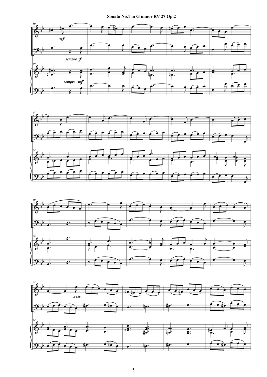 Vivaldi - Trio Sonata No.1 in G minor RV 27 Op.2 for Violin, Cello and Cembalo (or Piano) Piano Trio scores gallery preview page 5