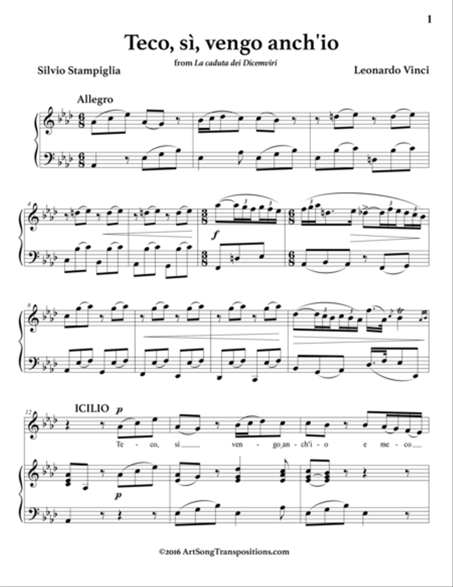 VINCI: Teco, sì, vengo anch'io (transposed to A-flat major) Voice scores gallery preview page 2