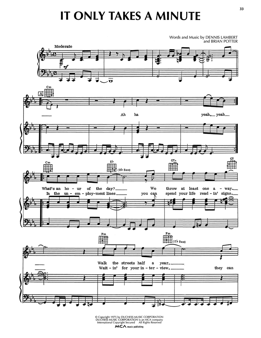 It Only Takes A Minute Piano, Vocal, Guitar scores gallery preview page 1