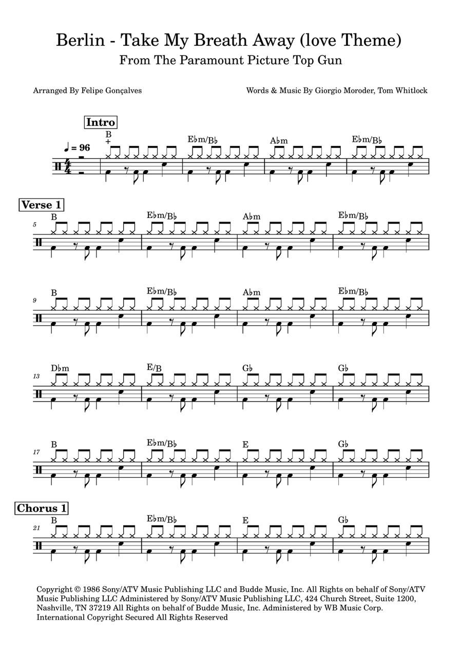 Take My Breath Away (Love Theme) Drum Set scores gallery preview page 1