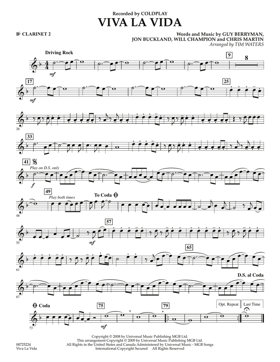 Viva La Vida - Bb Clarinet 2 Concert Band scores gallery preview page 1