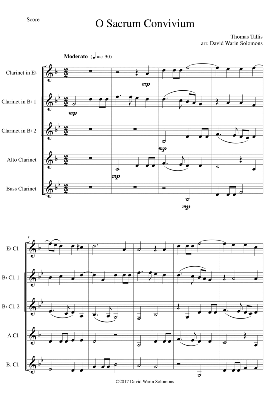 O Sacrum Convivium for clarinet quintet E flat, 2 B flats, alto and bass and optional Basset horn Clarinet Quintet scores gallery preview page 1