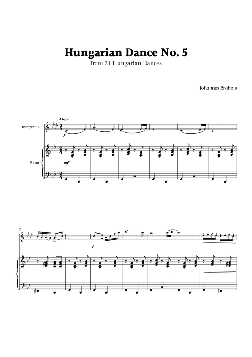 Hungarian Dance No. 5 by Brahms for Trumpet in D and Piano image number null