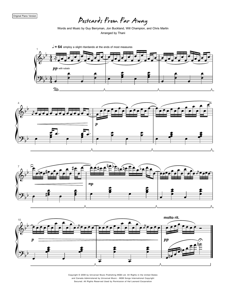 Postcards From Far Away Easy Piano scores gallery preview page 1