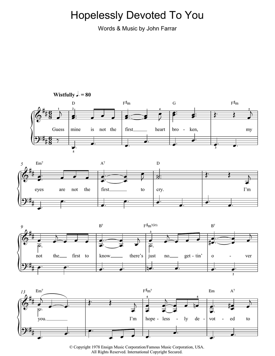 Hopelessly Devoted To You Easy Piano scores gallery preview page 1